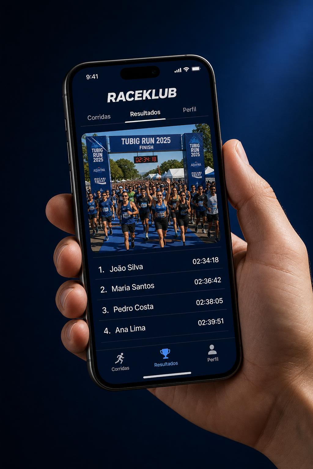 Aplicativo Raceklub aberto em um celular mostrando resultados